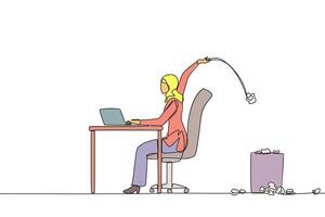 Continuous one line drawing Arabian businesswoman typing at a work desk throwing wads of paper into the trash. Must make reports carefully and clearly. Single line draw design illustration vector