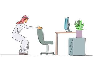 Single one line drawing Arab man stands with a slight bend and both hands hold the top of chair. Stretch for a moment to get rid of sleepiness. Overtime. Continuous line design graphic illustration vector