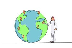Single one line drawing Arab man places pin location point on surface of globe. Image of distribution of urgent areas for immediate afforestation. Protect. Continuous line design graphic illustration vector