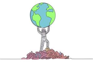 Single continuous line drawing astronaut raises globe with both hands. Earth is no longer beautiful. Must immediately fight to be protected at all costs. Spaceman. One line design illustration vector