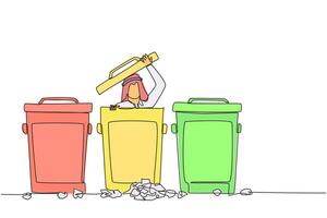 Continuous one line drawing Arabian businessman peeking out of trash can, there were lots of wads of paper. Hide from being chased by debt collectors. Sad. Single line draw design illustration vector