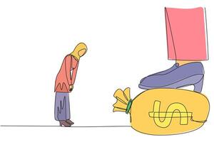 Continuous one line drawing Arab businesswoman nodded in front of the giant foot stepping on money bag. Deal that makes it difficult to make big profits. Single line draw design illustration vector