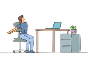 Continuous one line drawing woman sitting in work chair stretching arms behind back. Avoid sprains. Stretch to work smoothly. Overtime on the weekend. Single line draw design illustration vector
