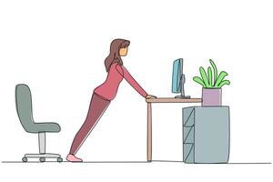 Continuous one line drawing woman do push up movements by holding edge of work table. Overcome boredom with light exercise. Helps stay focused. Overtime. Single line draw design illustration vector