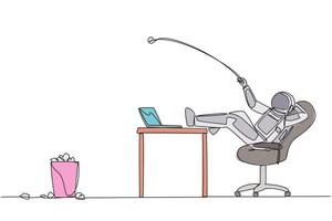 Continuous one line drawing astronaut sitting in a chair throwing wads of paper into trash. Discarding cooperation documents. No price match. Outer space. Single line draw design illustration vector