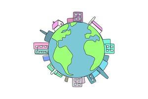 Continuous one line drawing buildings surround edge of the globe. Industrial area. Mostly there is pollution. Take care of the earth as best as possible. Single line draw design illustration vector