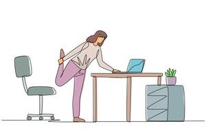 Single continuous line drawing woman standing with one leg raised and her hand typing on a laptop. Nervous. Light exercise helps stay calm. Overtime on the weekend. One line design illustration vector