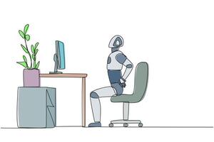 Continuous one line drawing robot sitting in a work chair with hands holding waist. Tutorial robots. Give instructions on how to stretch the body properly. Single line draw design illustration vector