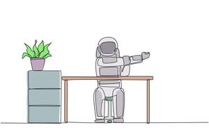 Continuous one line drawing astronaut sitting in a work chair with his arms crossed. Warm up seriously before continuing busy work. Cosmonaut outer space. Single line draw design illustration vector
