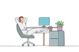 Continuous one line drawing Arab man sits in work chair with his hands behind head and his legs raised on work desk. Relax. Ready to meet the next deadline. Single line draw design illustration vector