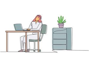 Continuous one line drawing Arab man sitting in work chair typing on a laptop with his head tilted. Stretching. Eliminates stiff neck due to being too busy. Single line draw design illustration vector