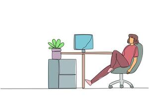 Single one line drawing woman sits in work chair with one of legs raised and folded. Do some warm-up movements. Eyes are tired and need to focus. Overtime. Continuous line design graphic illustration vector