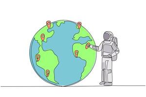A cartoon man is standing next to a globe with pins on it vector