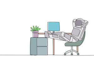 Continuous one line drawing astronaut sits in work chair with his hands behind head and his legs raised on work desk. Relaxing. Take a break from routine. Single line draw design illustration vector