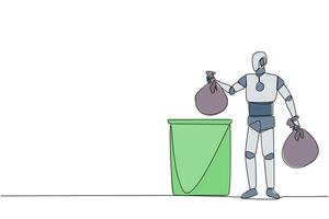 Single continuous line drawing robot puts the trash bag into the trash can. Environmental care. Household assistant robot. Future artificial intelligence concept. One line design illustration vector