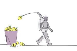 Single one line drawing astronaut walking throwing light bulbs into trash can. Throwing out ideas to convey during space expeditions. Galaxy outer space. Continuous line design graphic illustration vector