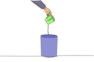Single continuous line drawing businessman's hand throws away broken mug. businessman's hand throws away broken mug. Can not be used. Drinking water will seep out. One line design illustration vector