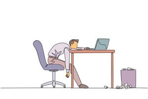 Single continuous line drawing businessman sitting in work chair looking tired. Want to work on business reports on a laptop. Very tired. Loss of focus and passion. One line design illustration vector