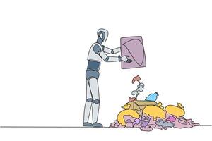 Single continuous line drawing robot throws rubbish into rubbish pile. Environmental care. Robot cares about cleanliness. Artificial intelligence. Future tech. One line design illustration vector