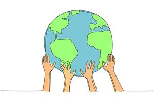 Single continuous line drawing several hands holding the globe from below. A real action to save our beloved planet earth. Keep it green and beautiful. Earth day. One line design illustration vector