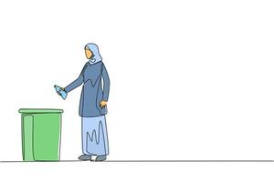Single continuous line drawing Arabian woman throw used plastic bottles into overflowing trash cans. Environmental care. Provide examples of commendable actions. One line design illustration vector