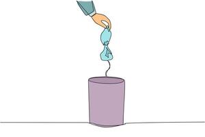 Continuous one line drawing businessman's hand throwing away a crushed plastic bottle. Best way to dispose of plastic items. Can be reused. Can be recycled. Single line draw design illustration vector