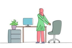 Single continuous line drawing Arabian woman stands with her hands behind her back. Stretching while reviewing the many reports that have been received. Overtime. One line design illustration vector