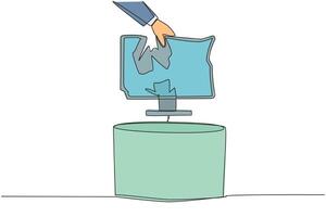 Single one line drawing businessman's hand throws away lcd monitor whose screen is cracked. Uncomfortable on the eyes. Impairs judgment. Broken. Shattered. Continuous line design graphic illustration vector