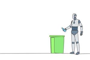 Continuous one line drawing robot throw used plastic bottles into overflowing trash cans. Environmental care. Programmed to always be clean. Future tech. Single line draw design illustration vector