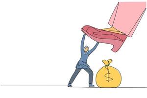 Single continuous line drawing Arabian businesswoman holds back giant foot wants to step on money bag. Strive to the best of the ability. Save profits. Struggle. One line design illustration vector