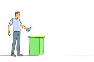 Single one line drawing a man throw used plastic bottles into overflowing trash cans. Environmental care. Correct littering waste. Recyclable waste. Clean. Continuous line design graphic illustration vector