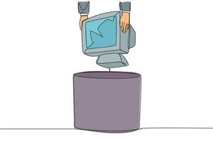 Continuous one line drawing businessman's hand throws away tube monitor whose screen is cracked. Outdated technology. Poor color gradation. Useless things. Single line draw design illustration vector