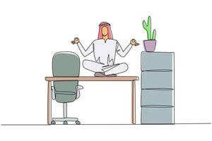 Single one line drawing Arabian man sitting cross-legged on a work desk. Requires calm in thinking. Can't be careless. Relaxing the mind. Stretching body. Continuous line design graphic illustration vector