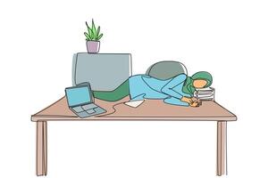 Single one line drawing Arabian woman fell asleep on the table with a pillow from a pile of papers. Overnight at the office. Completed many deadlines. Continuous line design graphic illustration vector