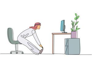 Single one line drawing Arabian man sitting in work chair with legs straightened. Stretching. Light exercise while at the office. Maintain health. Hectic. Continuous line design graphic illustration vector