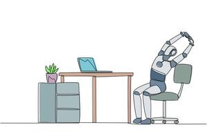 Single one line drawing robot sitting in work chair while raising both hands. Stretching. Make time for light exercise even if busy. Future technology AI. Continuous line design graphic illustration vector