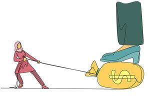 Continuous one line drawing Arabian businesswoman tries to take money bag stepped on by giant foot. Try hard to pull using the rope. Get the most profit. Single line draw design illustration vector