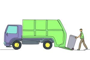 Single one line drawing trash man loads the trash can into the trash truck. Garbage trucks will drive around to pick up trash elsewhere. Environmental care. Continuous line design graphic illustration vector