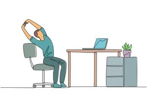Continuous one line drawing man sitting in work chair while raising both hands. Stretching. Excited to do overtime on weekends. Light exercise during work. Single line draw design illustration vector