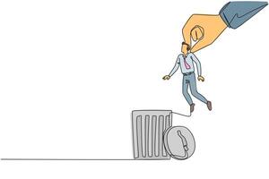 Continuous one line drawing businessman is lifted by giant hand will be put into trash can. Corruption perpetrators. Crime in office must be eliminated. Single line draw design illustration vector