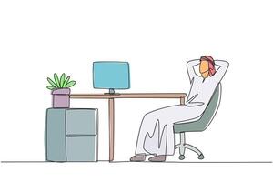 Continuous one line drawing relaxed Arabian man sitting in a work chair with his hands behind his head. Stretching. Passing the weekend busy at the office. Single line draw design illustration vector
