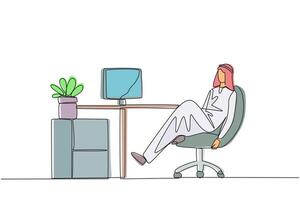 Single continuous line drawing Arab man sits in work chair with one of legs raised and folded. Take a break from busy overtime on weekend. Restore the mood. Hectic. One line design illustration vector