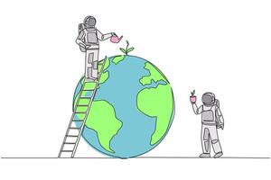 Single continuous line drawing two astronauts work together to green the earth. Plant lots of trees. World environment day. Cosmonaut care the earth. Save planet. One line design illustration vector
