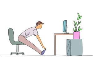 Continuous one line drawing man sitting in work chair with legs straightened. Work overtime on weekends. Eyes focus on the screen. Thinking about a project. Single line draw design illustration vector