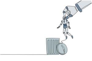 Single one line drawing the robot is lifted by a giant hand and will be put into a trash can. Failed experimental product. Will be thrown away and recycled. Continuous line design graphic illustration vector