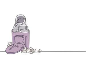 Single continuous line drawing the astronaut is in the trash. The space shuttle company went bankrupt. There were no return expeditions to space. Cosmonaut concept. One line design illustration vector