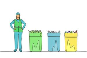 Continuous one line drawing trash woman standing near three trash cans. Waste grouping. Organic trash. Inorganic waste. Hazardous waste. No pollution. Single line draw design illustration vector
