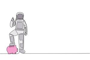 Single continuous line drawing astronaut stands with thumbs up pose and steps on the piggy bank with one of foot. Happy to release assets to conduct space research. One line design illustration vector