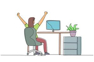 Continuous one line drawing the woman sit on chair opening and raising her hands. Squirming. Doing stiff stretches in the muscles of the hands and body. Single line draw design illustration vector
