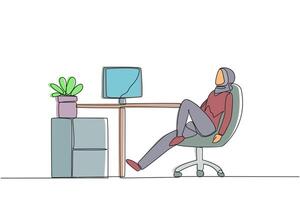 Single one line drawing Arab woman sits in work chair with one of legs raised and folded. Relax after focusing on work. A short break from routine. Hectic. Continuous line design graphic illustration vector